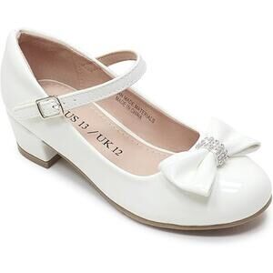 LseLom Girls Size 3 White Hook Loop Low Heel Rhinestone Bow Dress Wedding Shoes